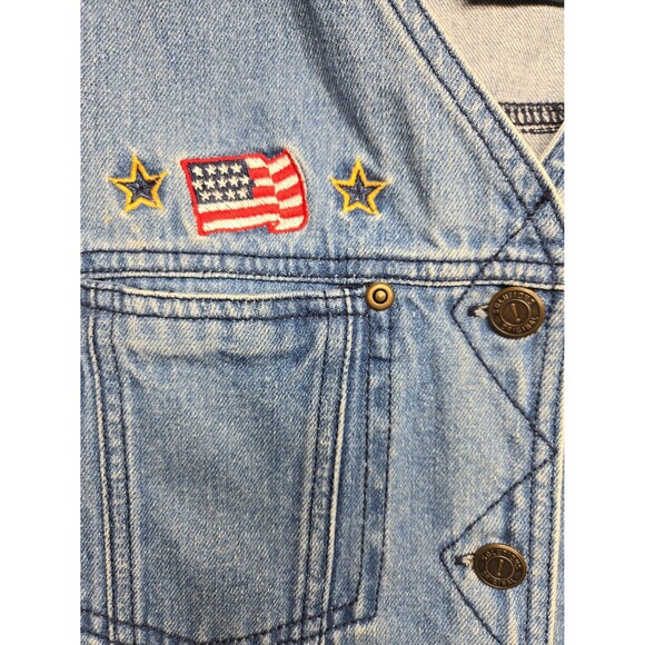 Solutions Original Vintage Denim Vest Pockets Flags Button Up Women's Medium - Picture 3 of 12